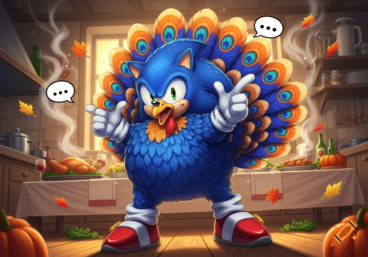 Sonic the Hedgehog, dressed as a blue turkey with peacock feathers and red shoes, stands in a festive kitchen with a Thanksgiving dinner.