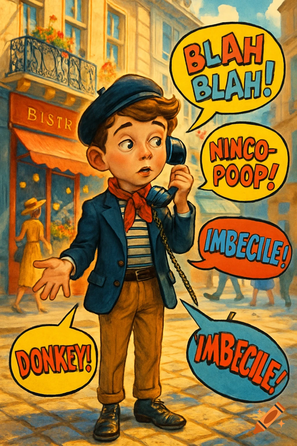 A vintage illustration of a boy in a beret and striped shirt holding a phone on a city street, surrounded by speech bubbles with insults.