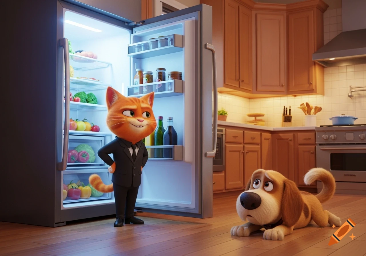 An animated mischievous orange cat in a suit stands by an open, food-filled fridge, while a confused brown dog lies on a modern kitchen floor.