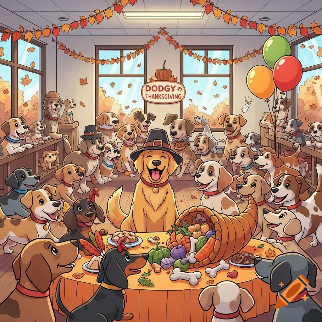 Many happy cartoon dogs, some in pilgrim hats, gather around a table with a cornucopia and bones, celebrating Thanksgiving in a decorated room with fall leaves.