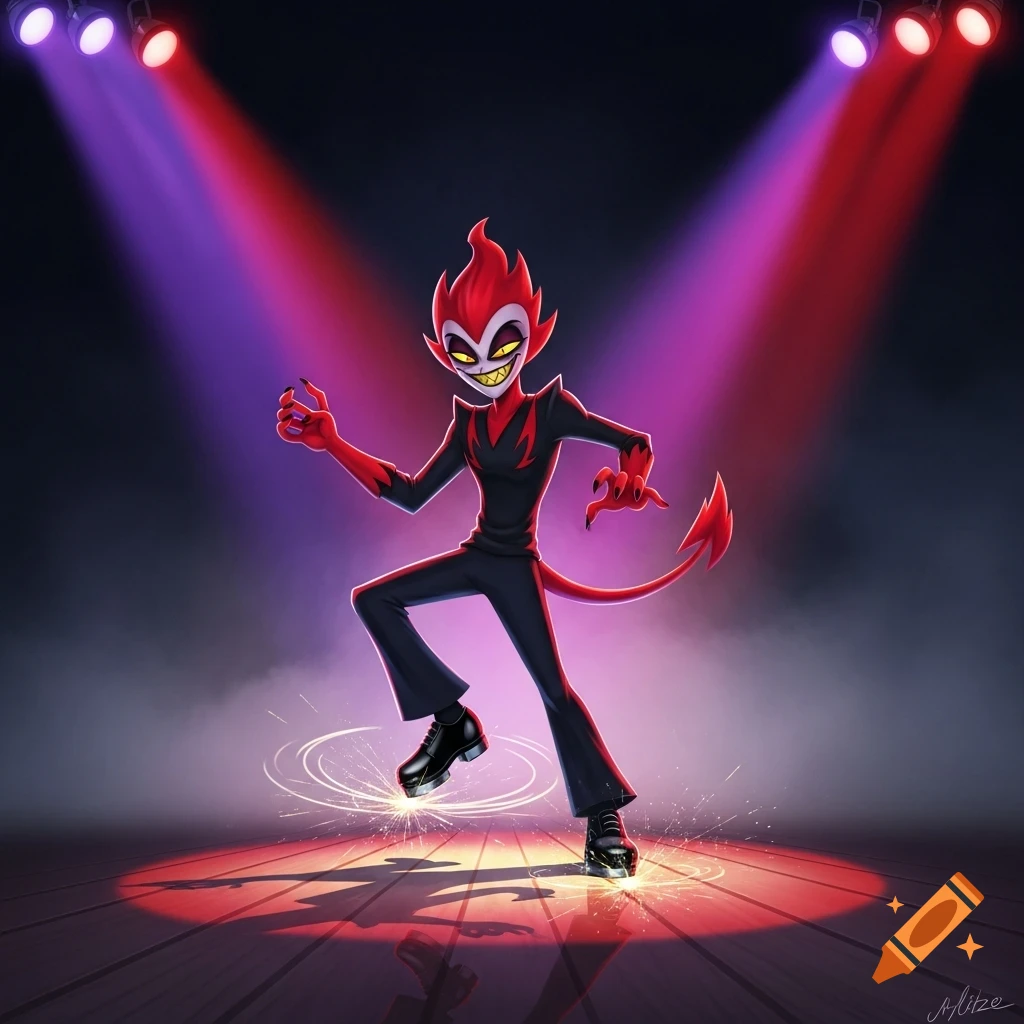 Cartoon devil character, Blitzo, tap dancing under red and purple stage lights, creating sparks.