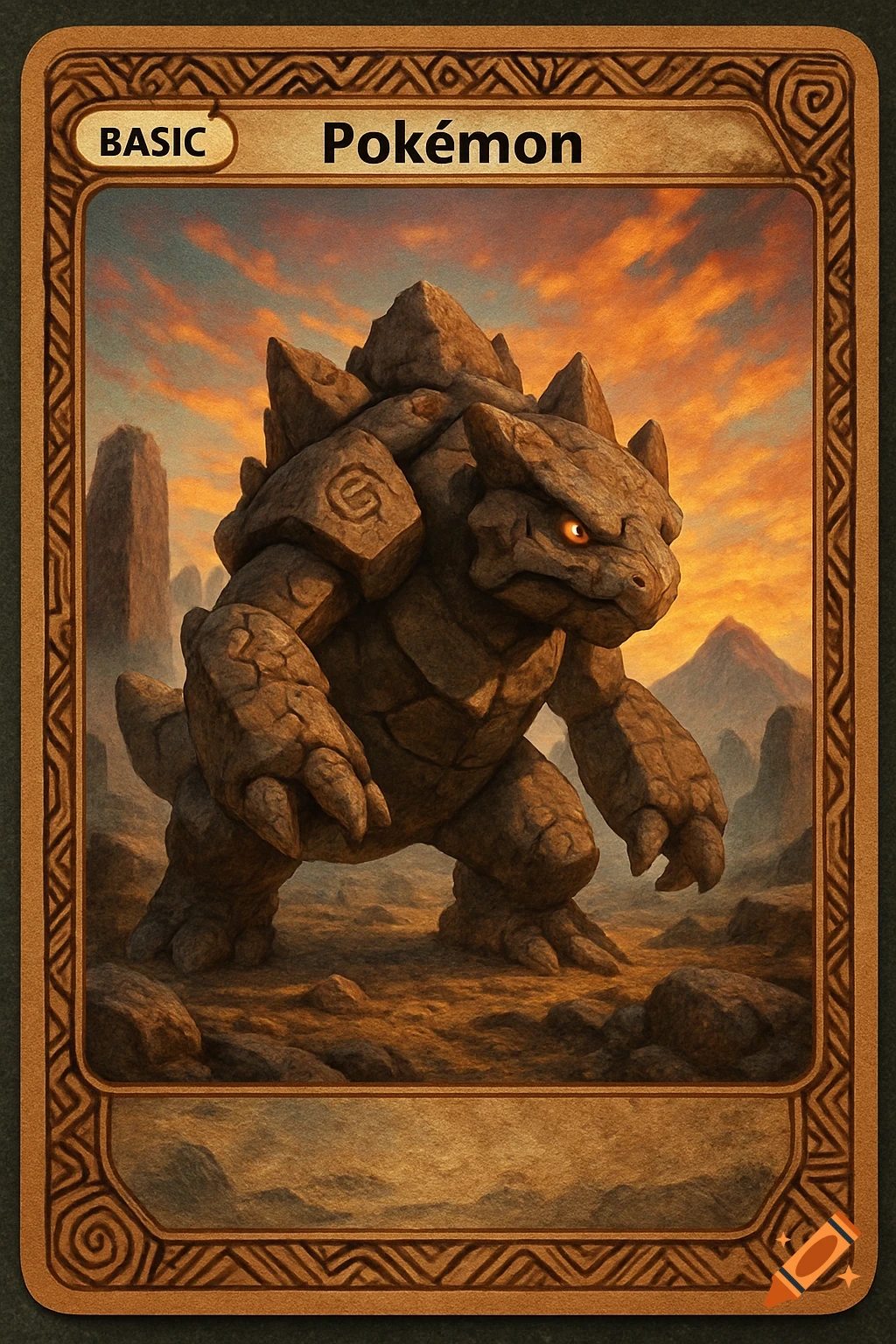 A brown trading card features a stone-like creature with glowing orange eyes in a rocky landscape under an orange and blue sky. Text reads 'BASIC Pokémon'.