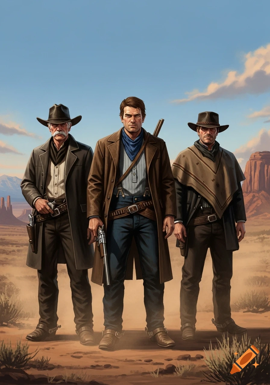 Three cowboys with hats and firearms stand in a desert landscape with mesas under a blue sky.