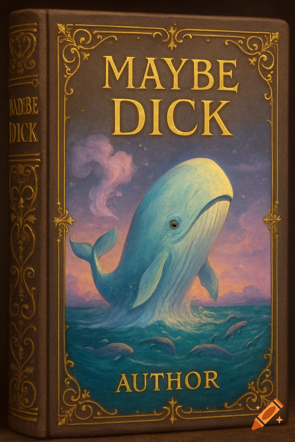 A classic novel style book cover titled 'Maybe Dick' featuring a blue whale emerging from choppy seas under a sunset sky.