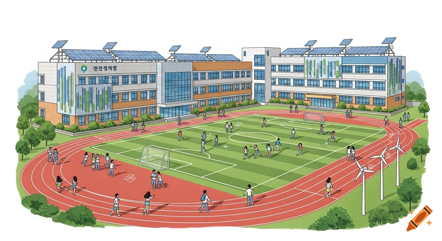 Illustrated Korean high school campus with students on a track and field, featuring buildings with solar panels and wind turbines.