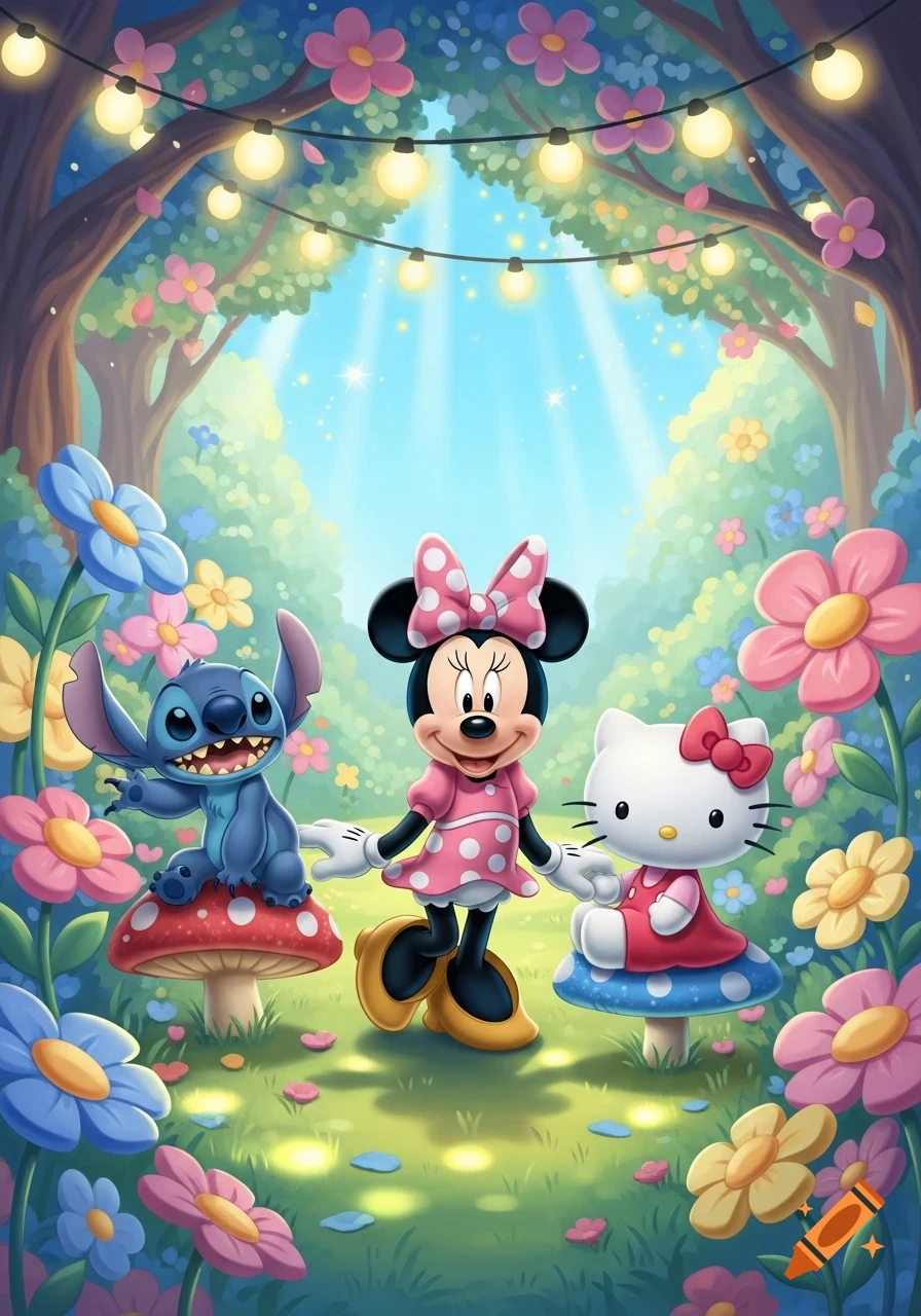 Minnie Mouse, Stitch, and Hello Kitty hold hands in a whimsical, flower-filled forest with string lights.