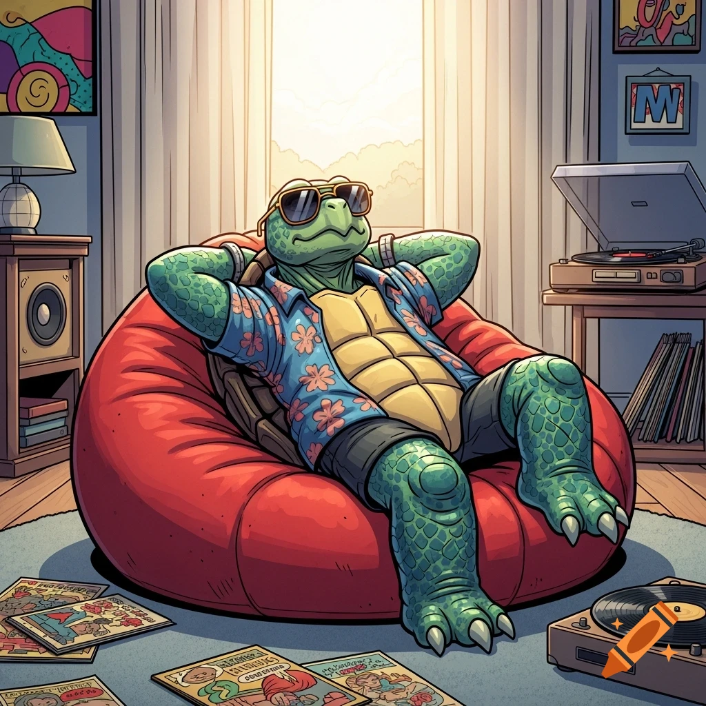 A cartoon turtle wearing sunglasses and a Hawaiian shirt relaxes on a red beanbag in a living room filled with records and a vinyl player.