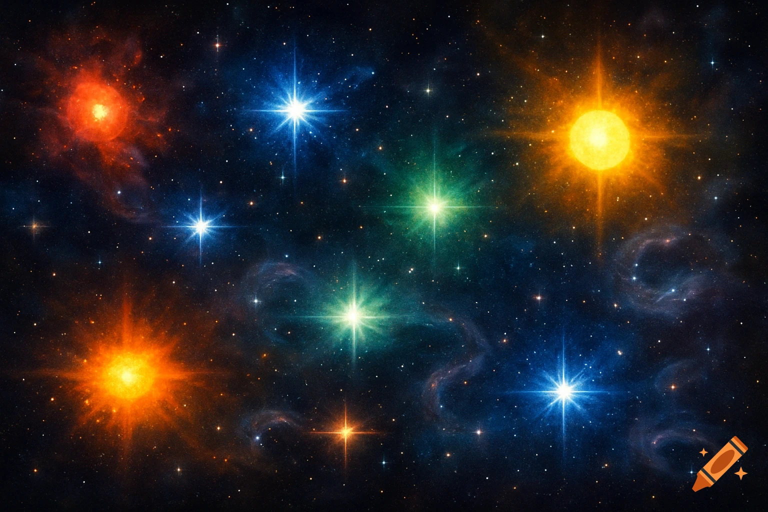 A vibrant starry night sky filled with numerous bright, multicolored stars, glowing in red, blue, green, and orange, amidst faint nebulae.