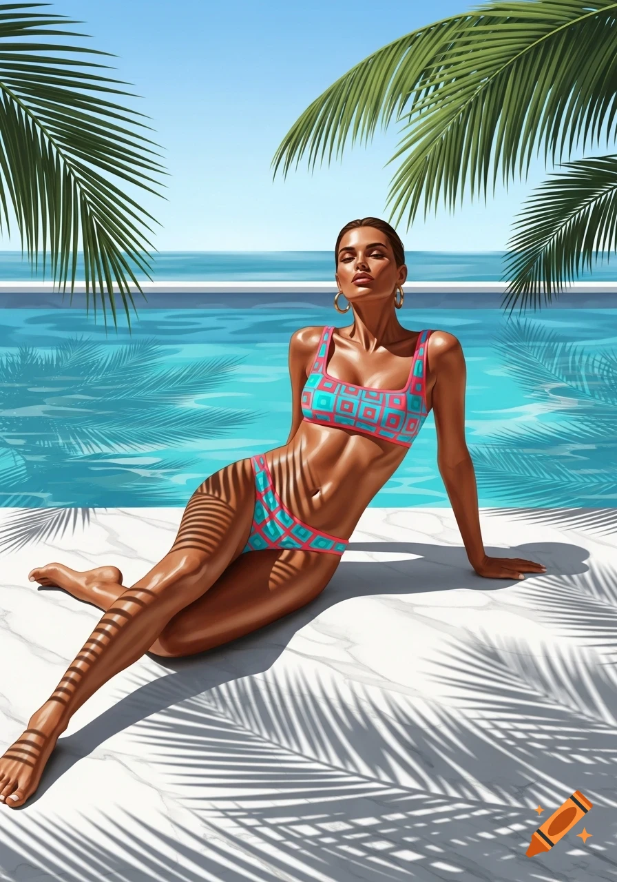 A woman with tanned skin poses in a blue and pink square-patterned bikini by a swimming pool, with palm frond shadows.