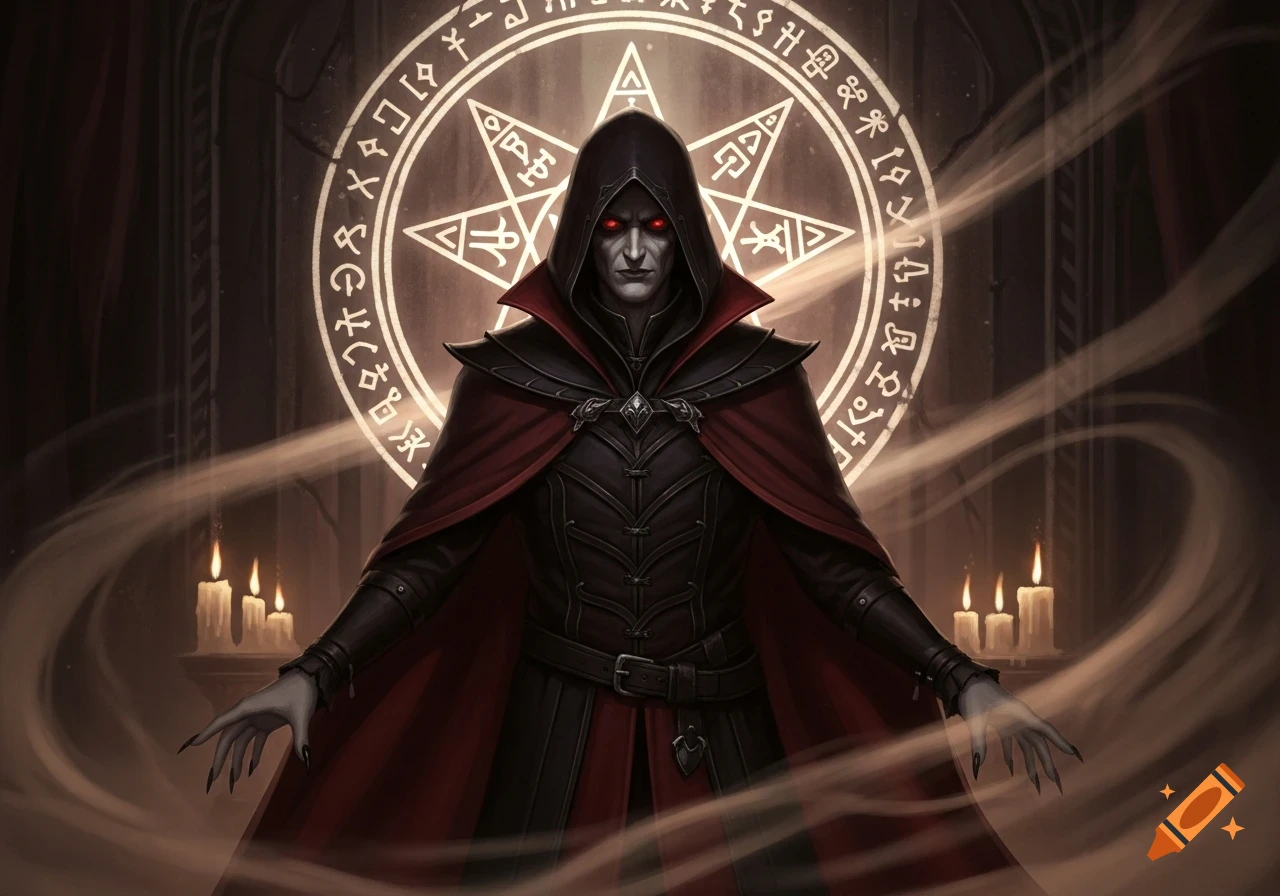 A dark robed figure with glowing red eyes and clawed hands stands before a mystical glowing circle adorned with runes, flanked by candles.