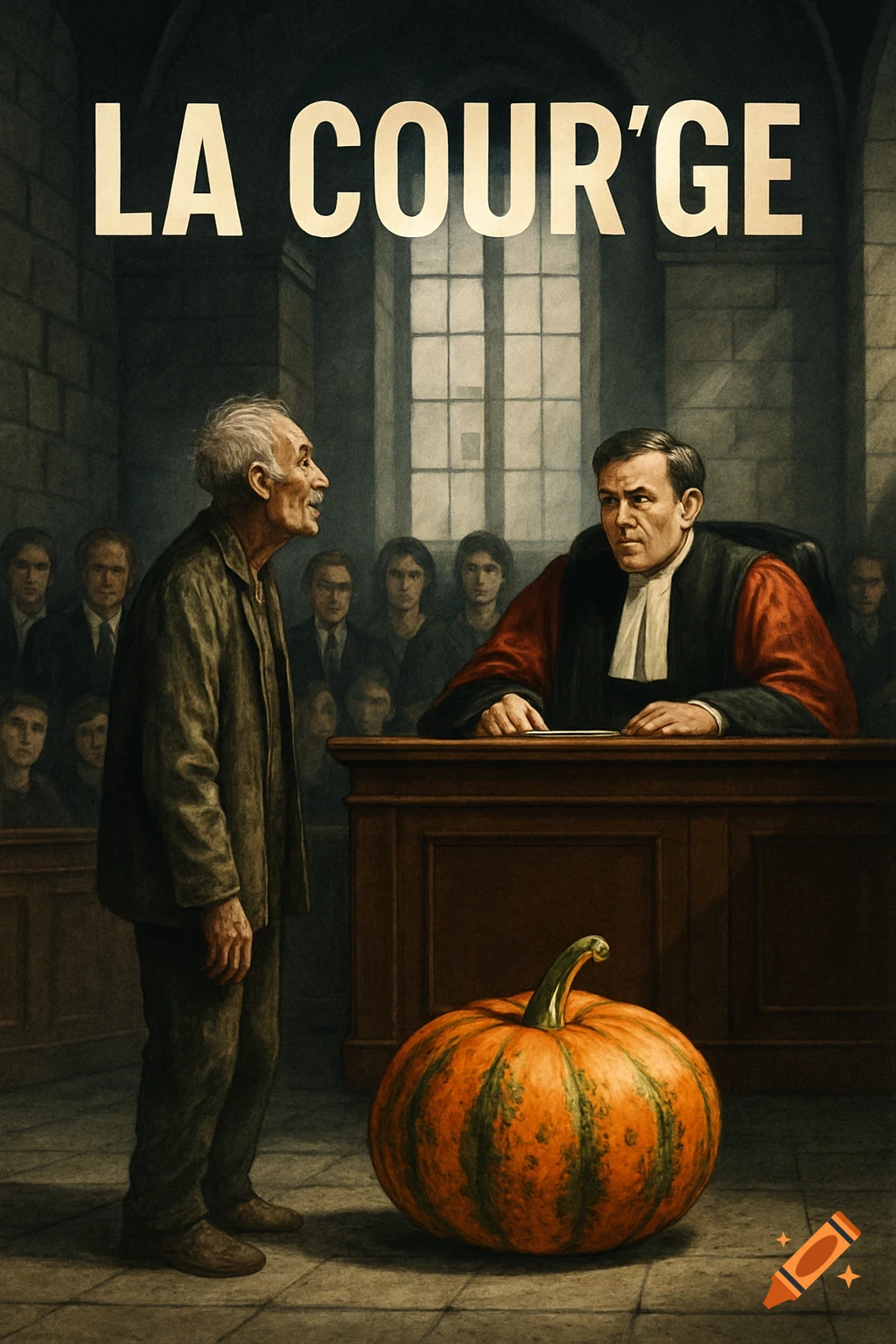 An old man stands before a judge in a solemn French courtroom, with a large pumpkin on the floor, in a dramatic poster art style.