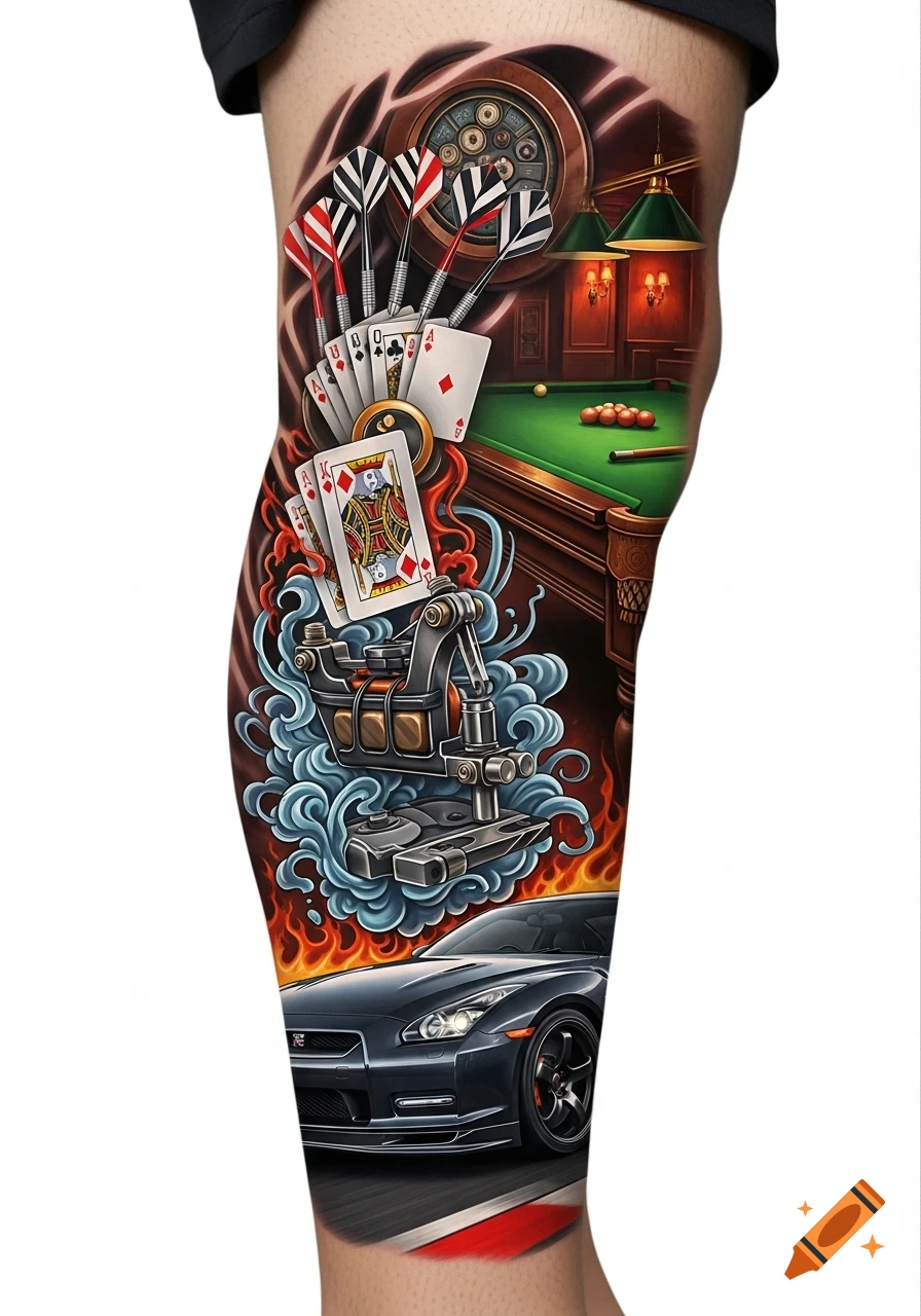 A detailed leg tattoo featuring darts, playing cards, a pool table, a tattoo machine, and a black Nissan GT-R on a track.