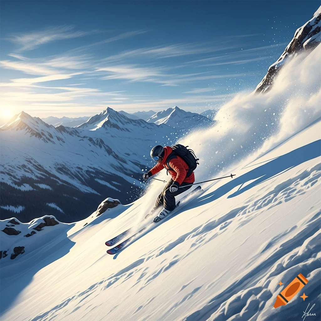 A skier in a red jacket descends a snowy mountain slope, creating a spray of snow, with majestic peaks under a bright blue sky.