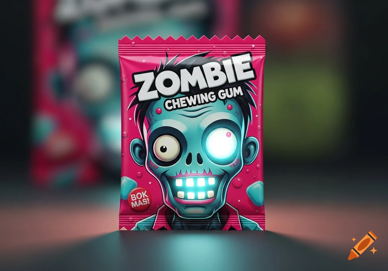 A realistic pink chewing gum packet featuring a cartoon zombie head with bright glowing teeth and one glowing eye, against a dark, blurred background.