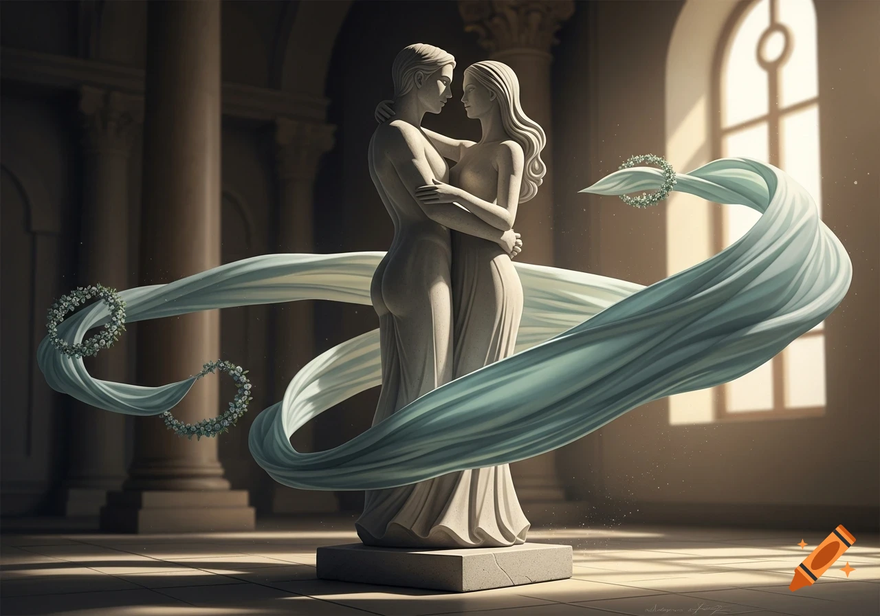 A classical stone sculpture of a man and woman embracing, with light blue fabric and floral wreaths swirling around them in a columned hall.