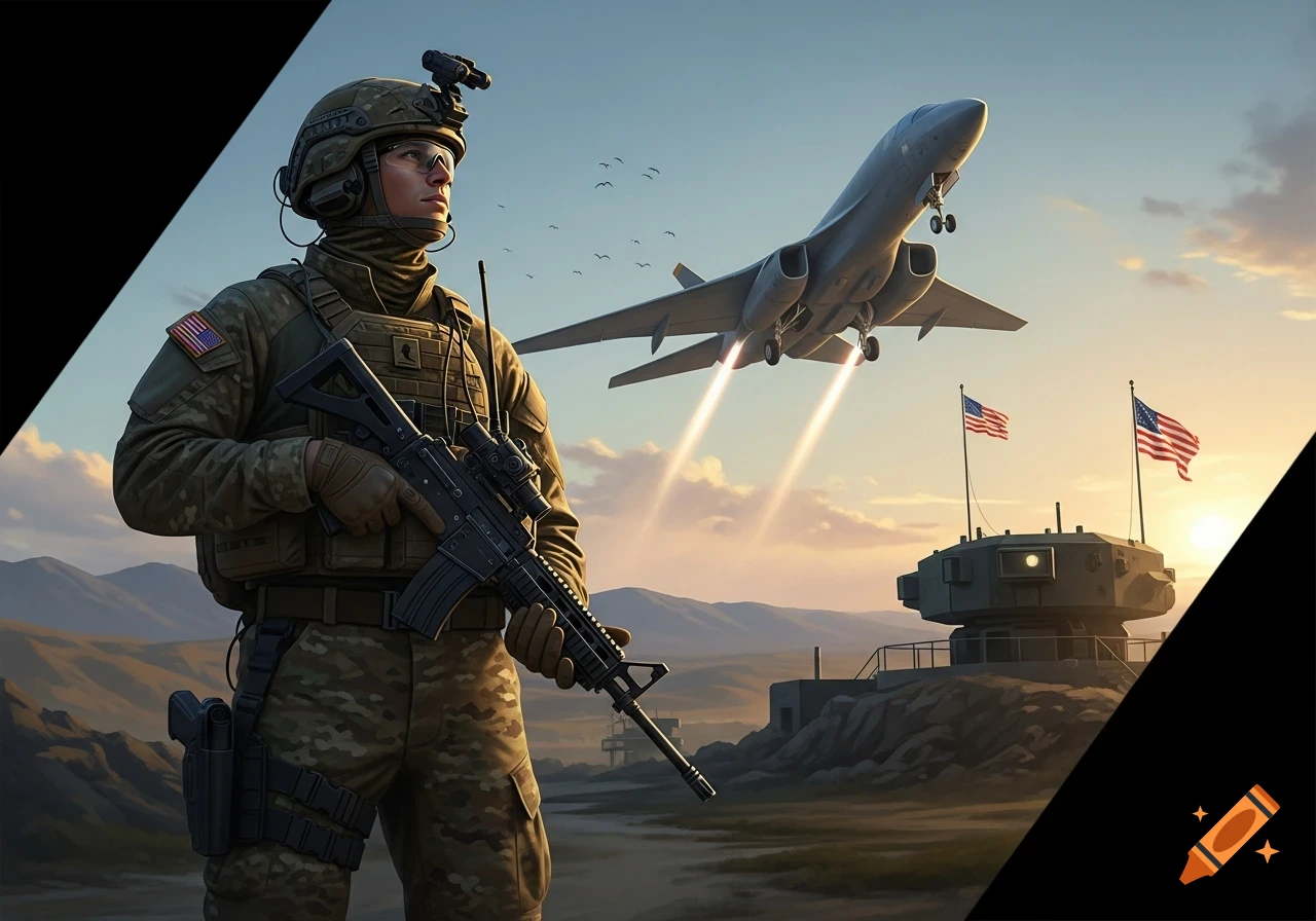 A soldier in camouflage uniform holding a rifle stands in a desert with mountains, as a military jet takes off behind him, past a base with US flags.