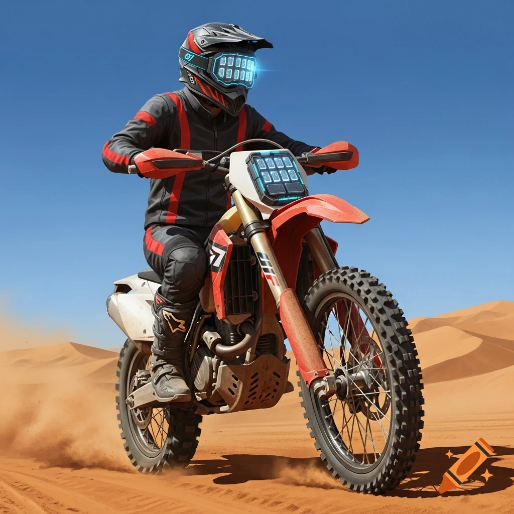 A futuristic dirt bike rider in a black and red suit rides across sandy desert dunes, wearing a helmet and bike with glowing blue tech displays.