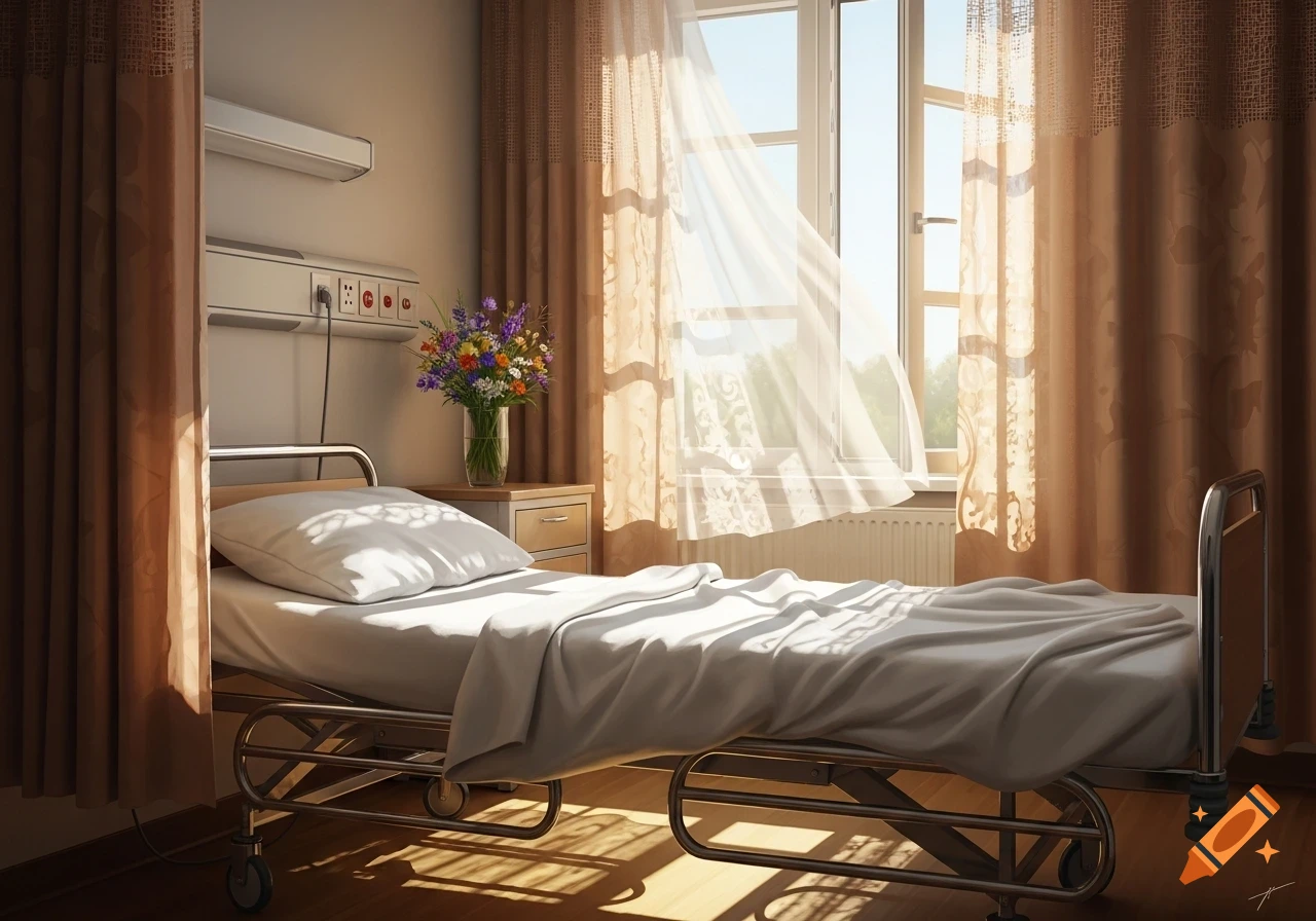 An empty hospital bed in a sunlit room, with a vase of flowers on a nightstand and light streaming through an open window.