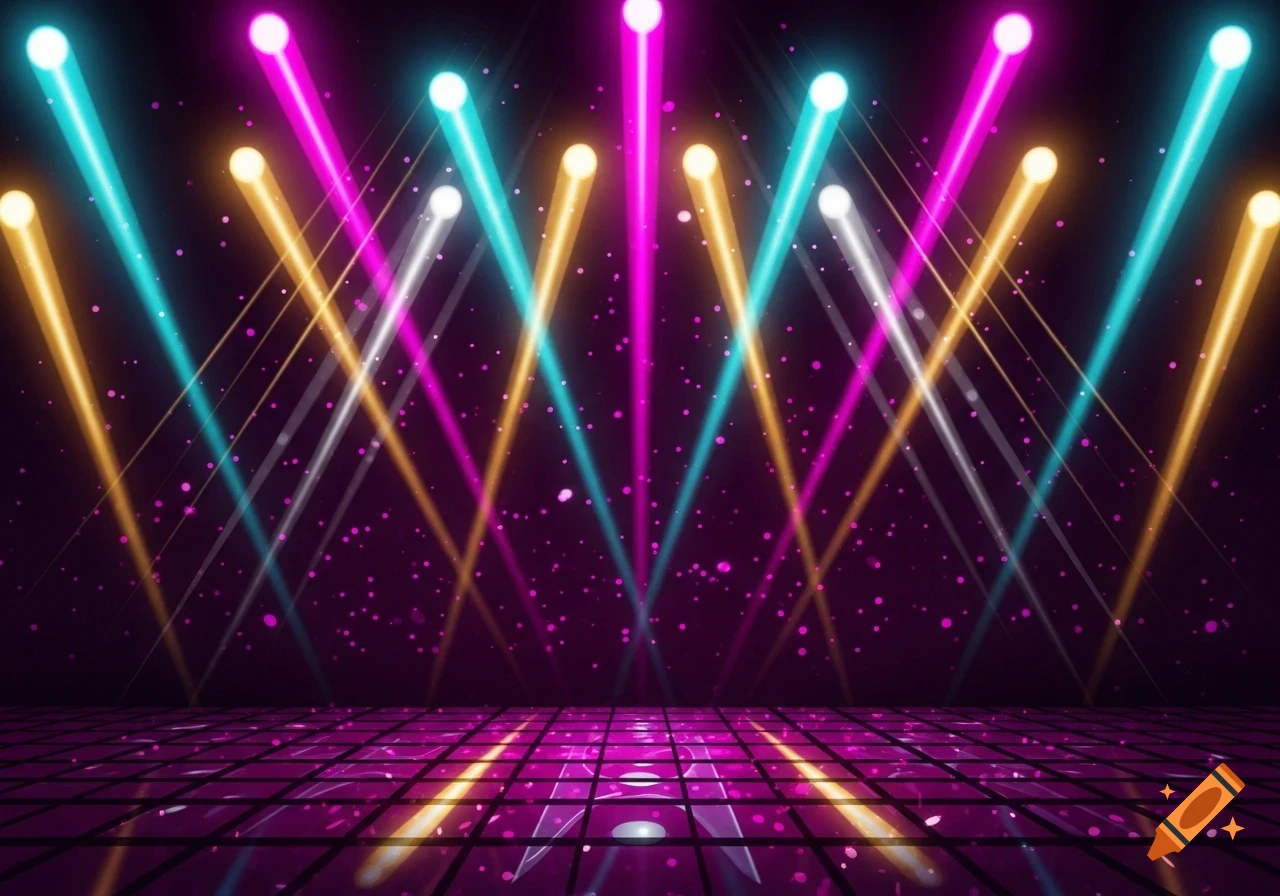 Bright fuchsia, turquoise, gold, and silver disco lights shining on a reflective dark purple tiled floor, with shimmering particles.