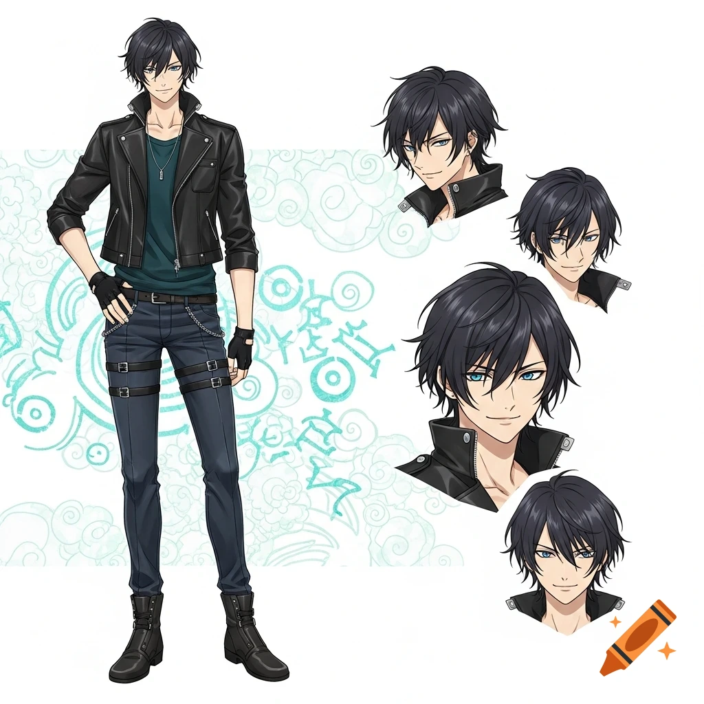 Full body anime male character with black spiky hair, blue eyes, a black leather jacket, dark pants, and boots, with multiple headshots.