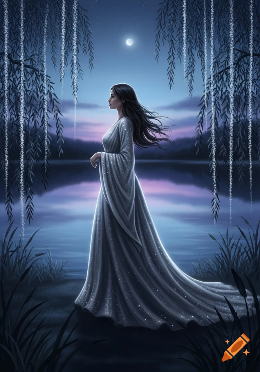 An ethereal woman in a sparkling gown stands by a moonlit lake with ...