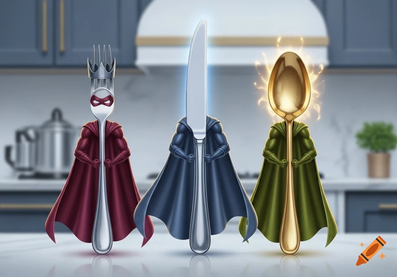 Three pieces of silverware (fork, knife, spoon) depicted as superheroes in a kitchen, with capes and masks.