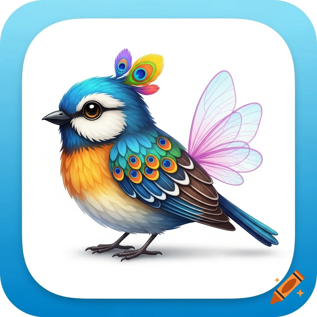 A vibrant, cartoonish bird icon with blue, orange, and white feathers, a peacock feather crest, and translucent pink fairy wings within a rounded blue frame.