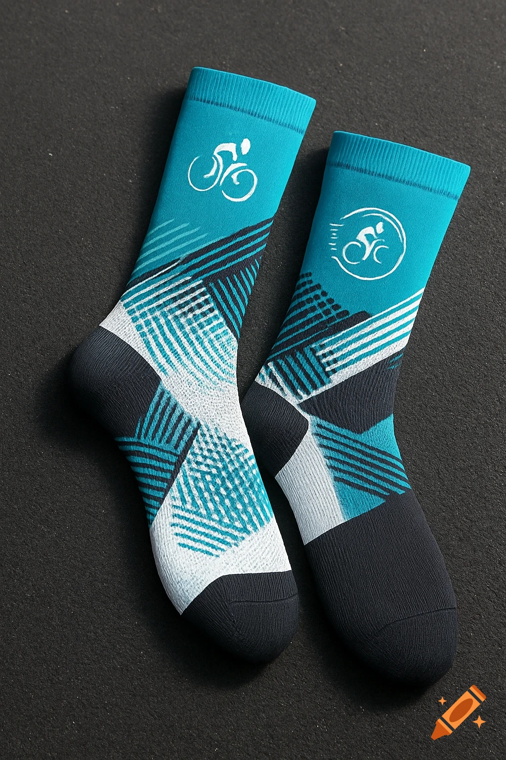 A pair of teal, black, and white cycling socks with a geometric pattern and a white bicycle rider logo, lying on a dark surface.