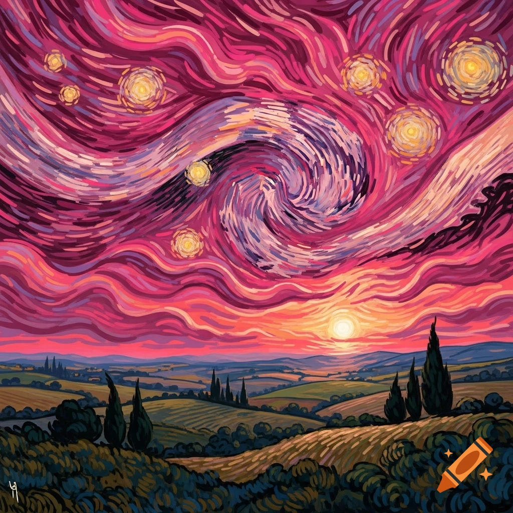 Vibrant Van Gogh style painting of a pink and purple swirling sky with bright stars over a green valley at sunset.