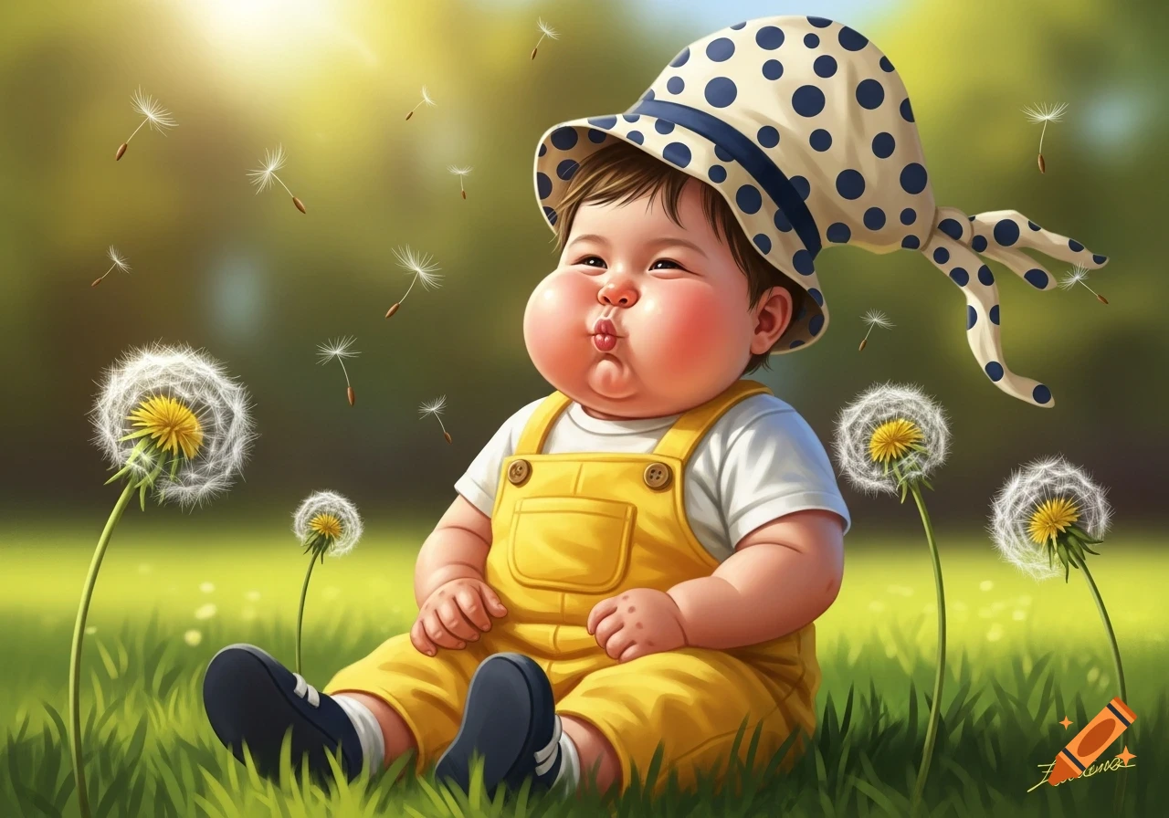Chubby cartoon toddler boy in yellow overalls and polka dot hat sitting in a grassy field with dandelions, making a funny face.