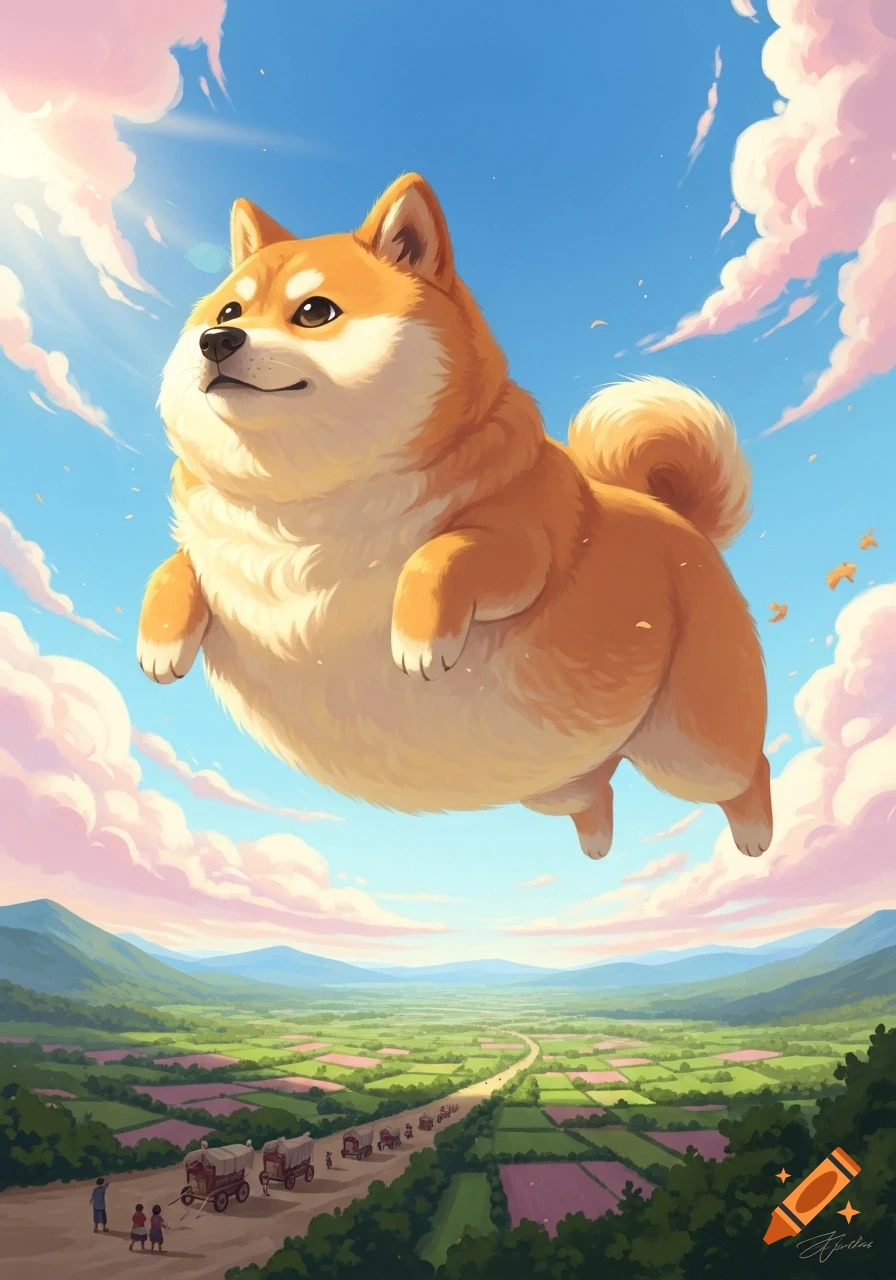 A large, cartoonish inflated Shiba Inu dog floats in a bright blue sky above a green, rural landscape with a road and wagons.
