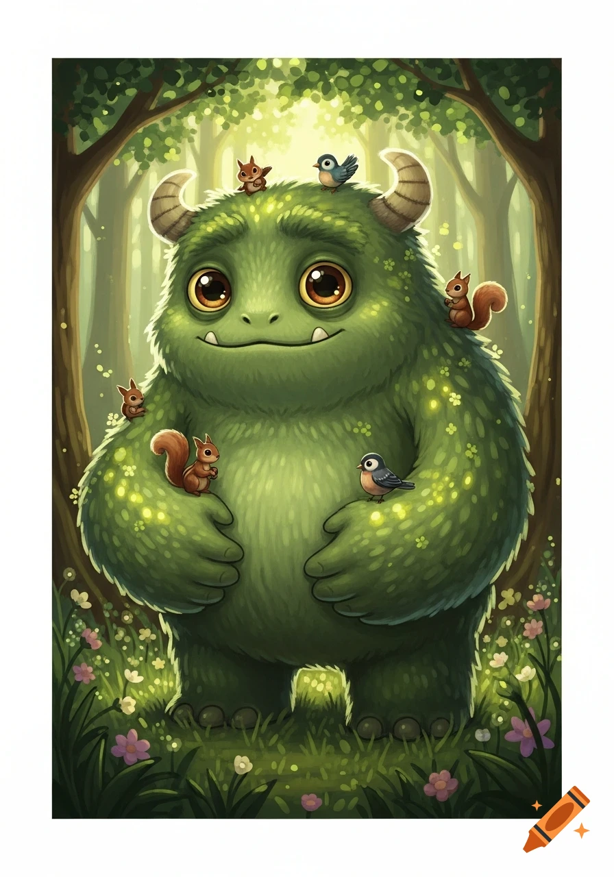 A friendly, green, furry monster with big eyes and small horns in a whimsical forest, surrounded by squirrels and birds.