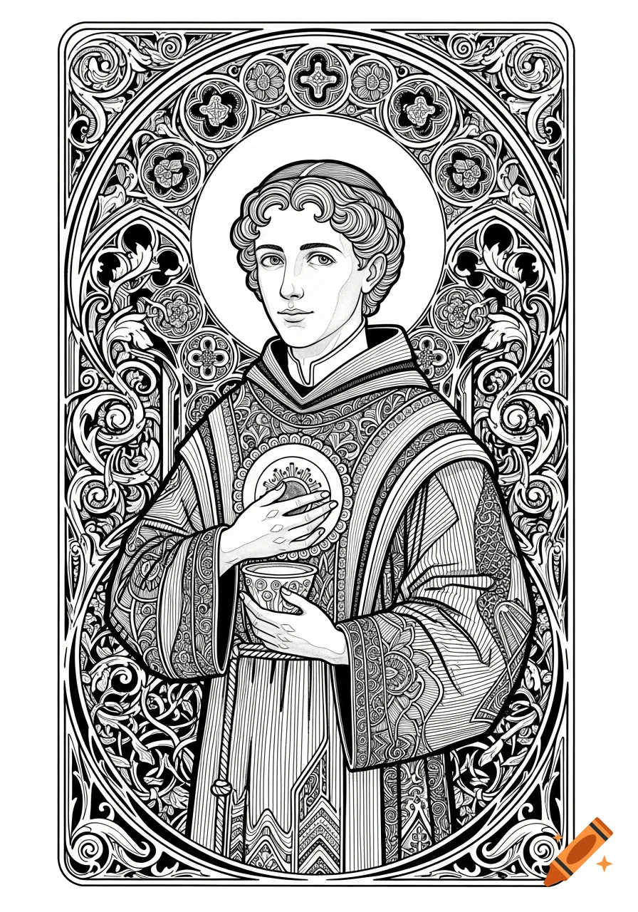 Black and white illustration of a young male religious figure in an ornate robe holding sacred objects, surrounded by decorative patterns.