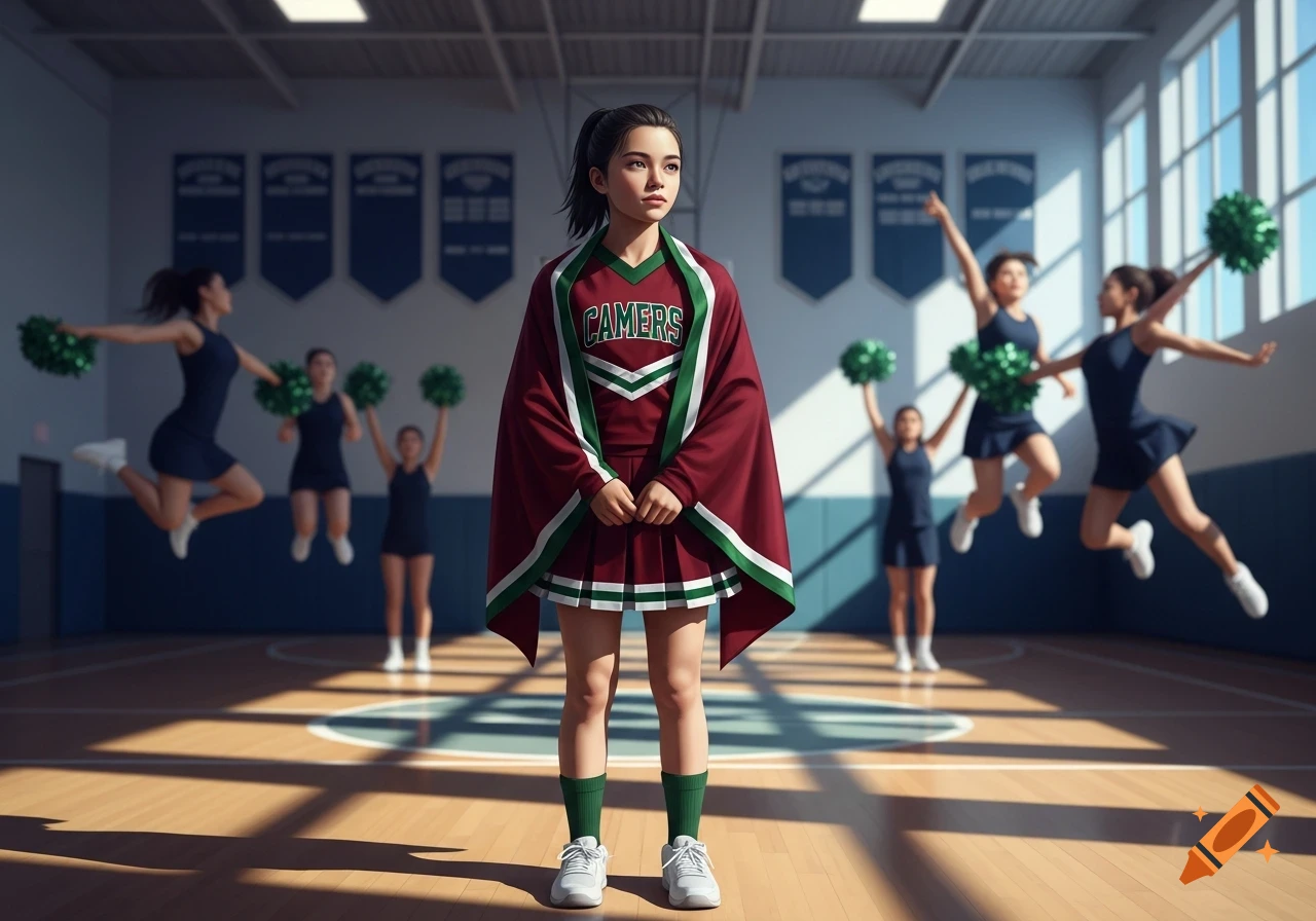 A girl in a maroon and green cheerleader uniform stands in a gymnasium while other cheerleaders are blurred in the background, some jumping.