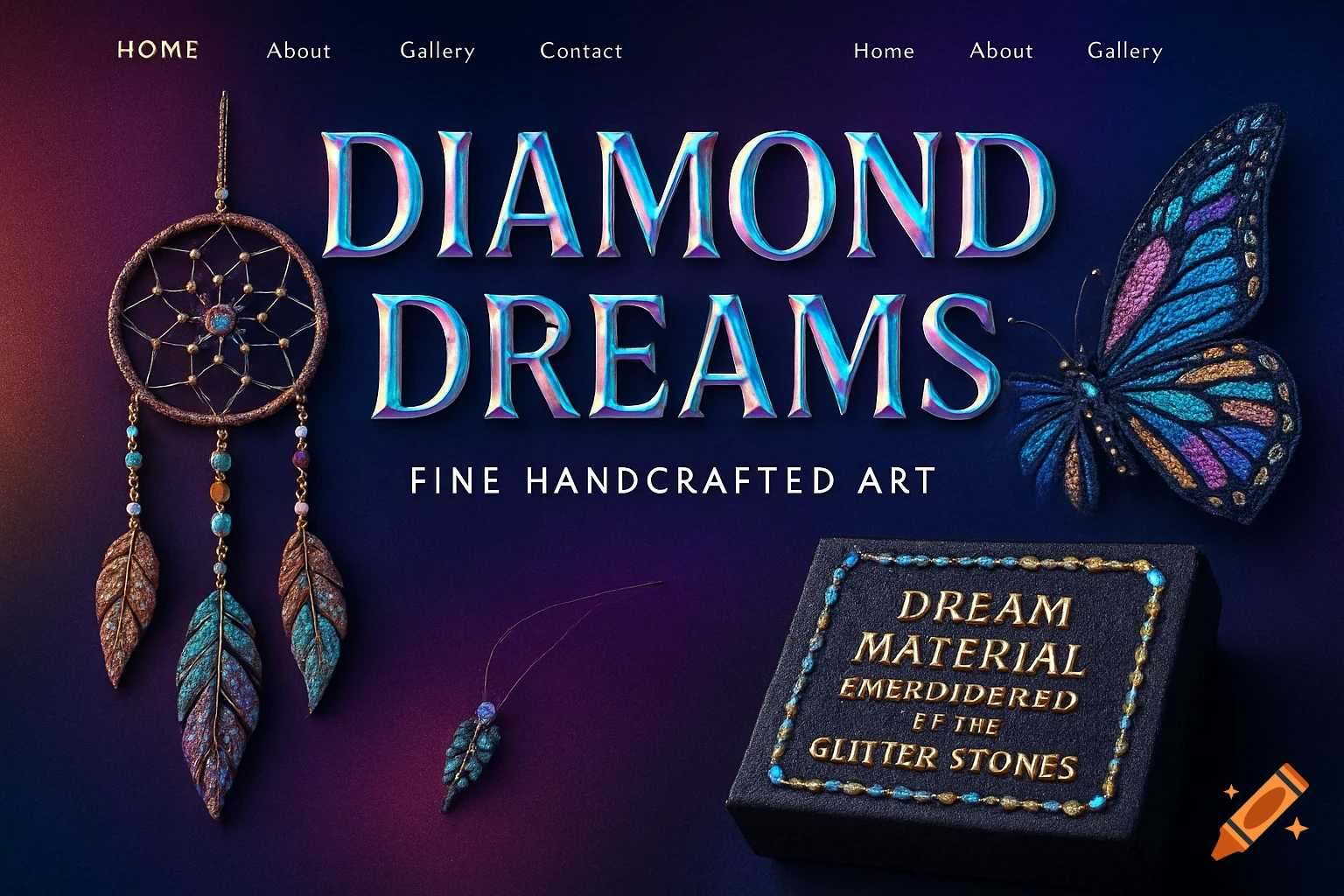 A stylized website homepage with "DIAMOND DREAMS" in iridescent letters, a dreamcatcher, an embroidered butterfly, and a decorated box against a purple and blue gradient.