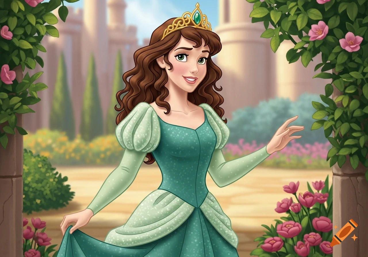 A cartoon princess with brown curly hair and a green dress stands in a castle garden, smiling.