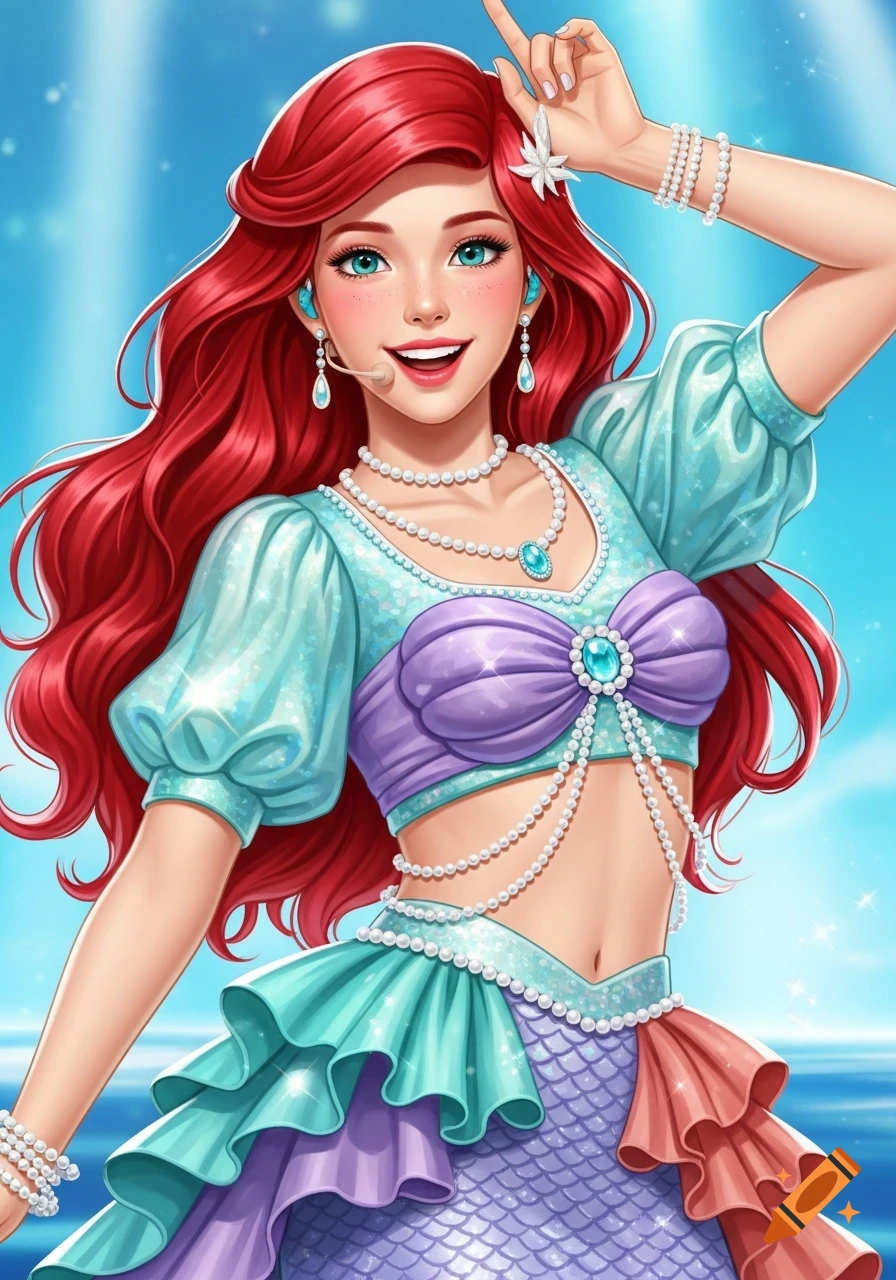 Vibrant stylized portrait of a smiling red-haired K-pop idol, inspired by Ariel, wearing a sparkling mermaid-style stage outfit.