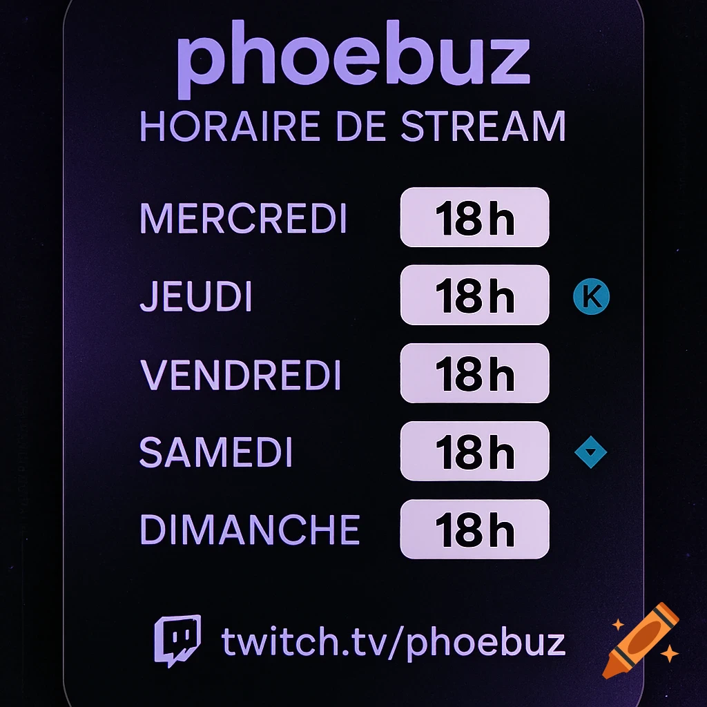 A dark purple and black streaming schedule for Phoebuz, listing streams Wednesday to Sunday at 18h, with a Twitch link and Karmine Corp logo.