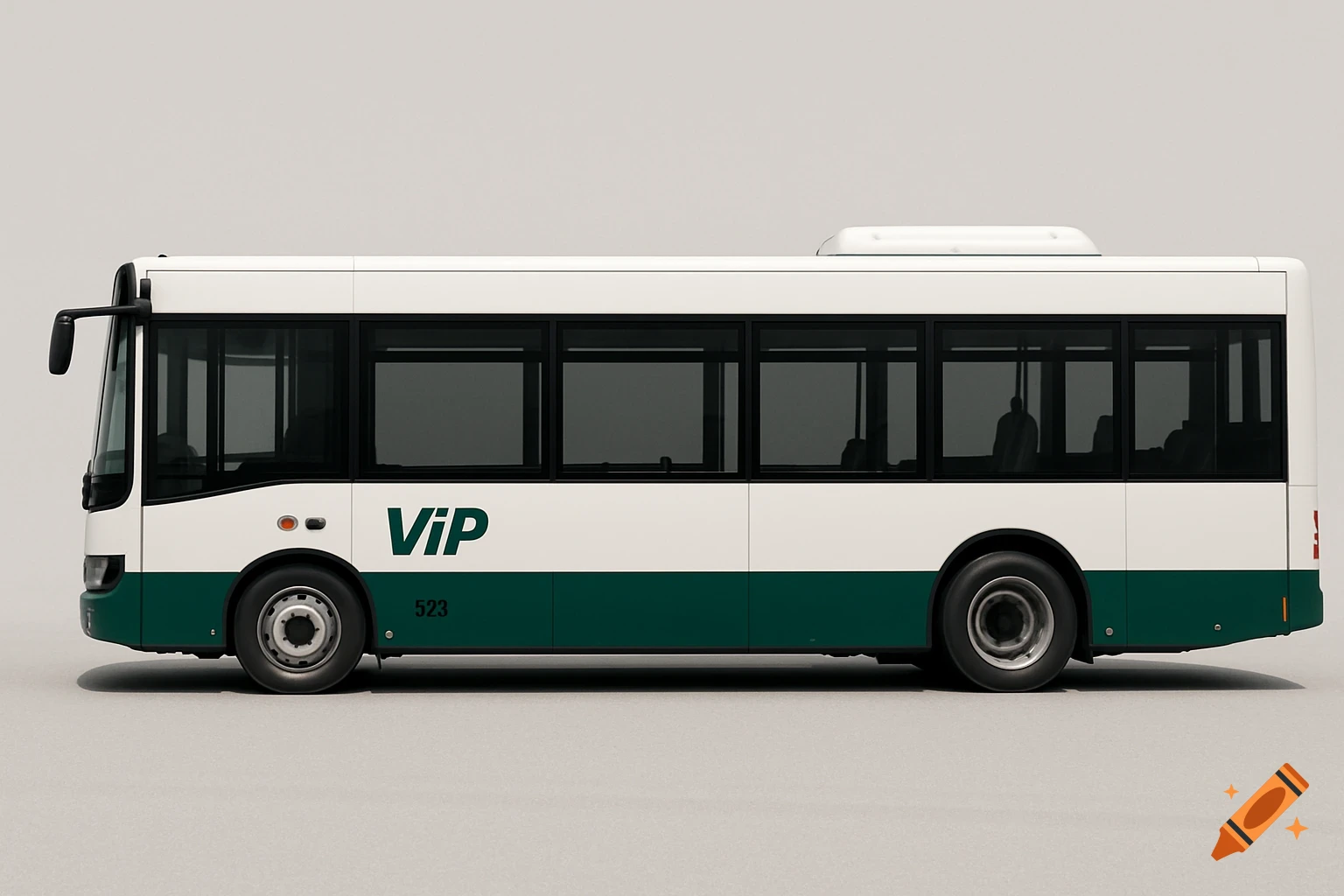 A photorealistic side view of a modern white and dark green city bus with the logo "ViP" and number "523" on its side.