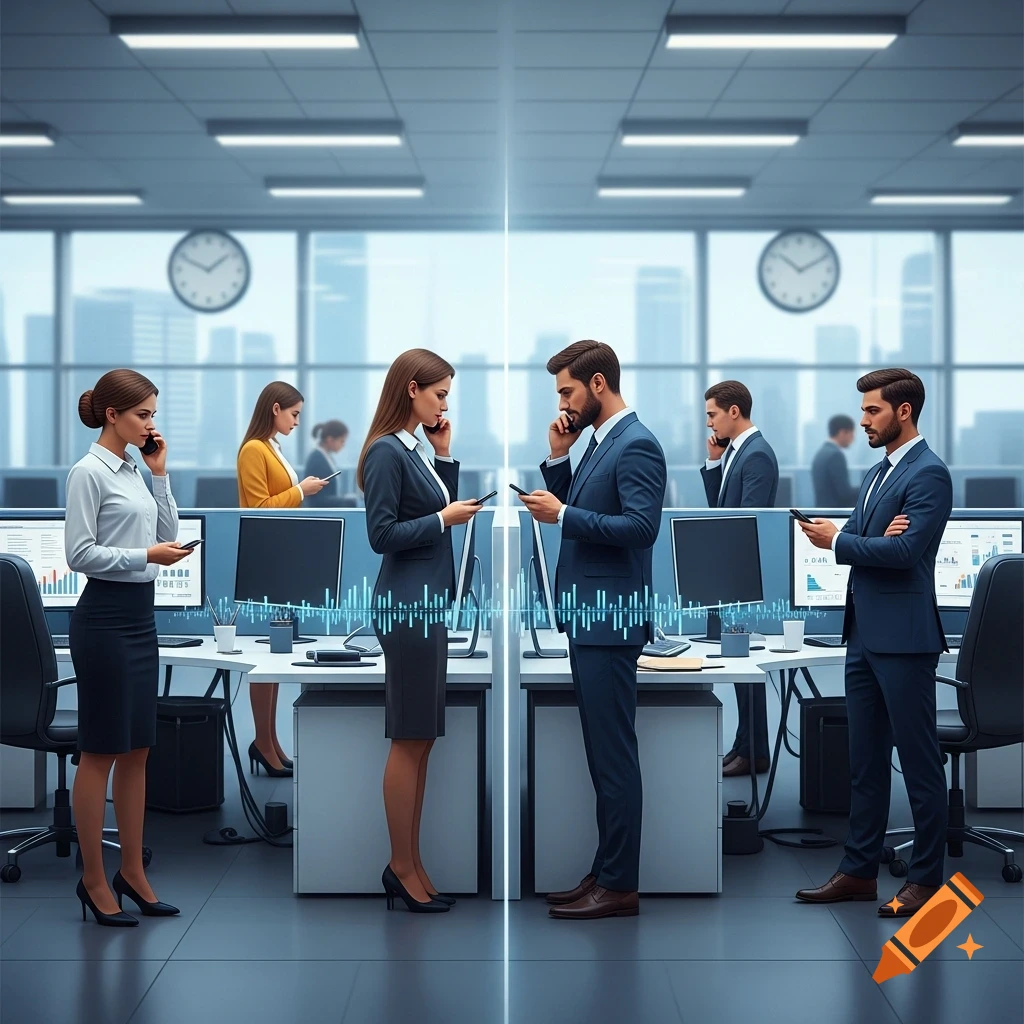 Photorealistic image of business people in an office, each using a phone, with a digital data wave running between them, symbolizing a communication gap.