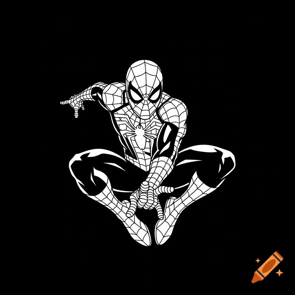 A white stencil silhouette of Spider-Man in his classic suit, crouching and ready to spring into action, against a black background.
