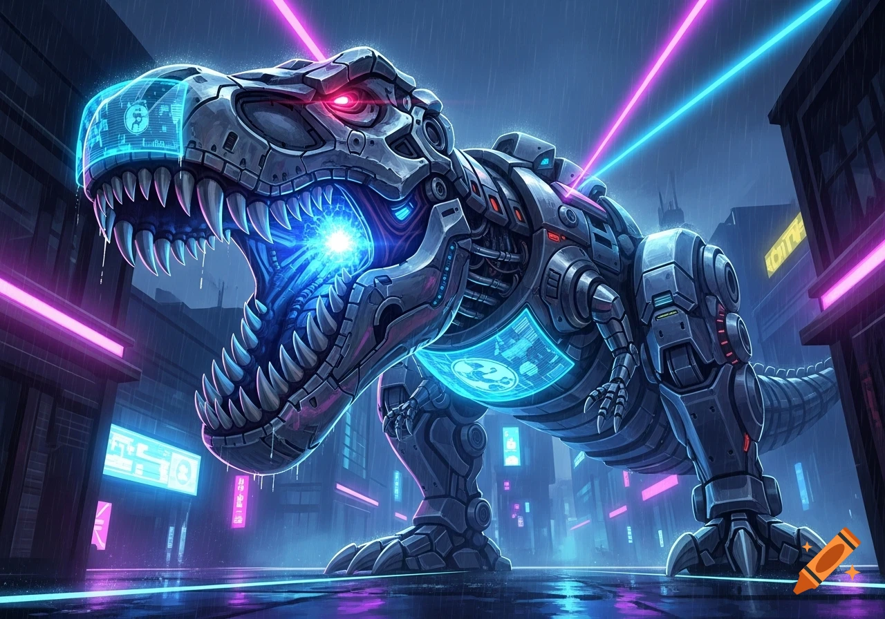 A futuristic robotic T-Rex roars with glowing blue and red neon lights in a rainy cyberpunk city.