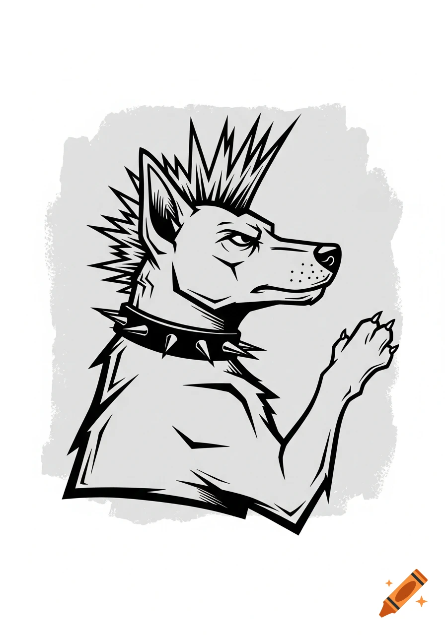 A stylized, black and white outline illustration of a punk rock dog with a spiked collar and mohawk, raising a paw.