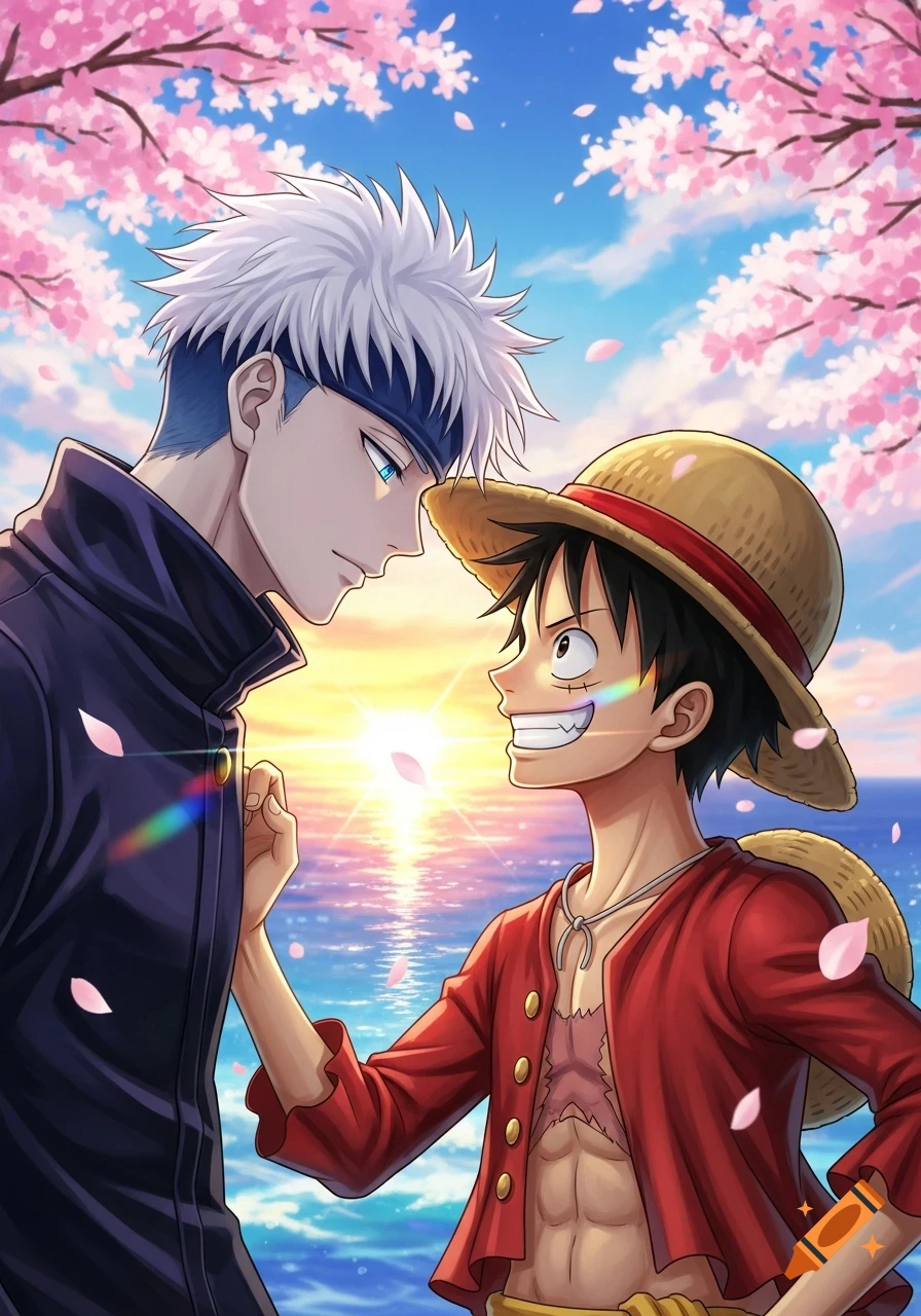Anime characters Gojo and Luffy looking at each other during a cherry blossom sunset by the ocean.