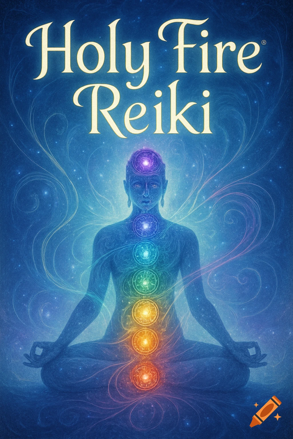 Ethereal blue silhouette of a meditating person with seven glowing chakras against a cosmic starry background, with 'Holy Fire Reiki' text.