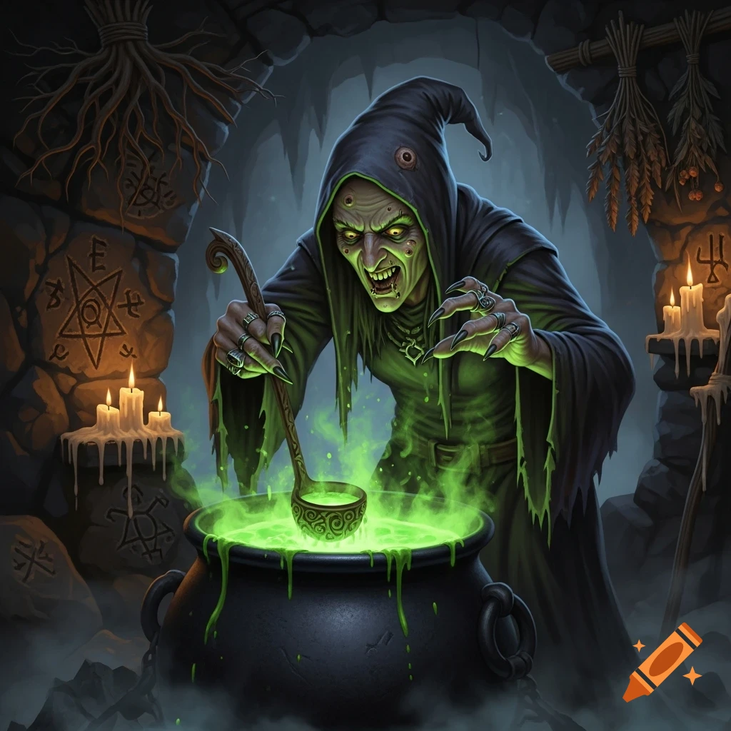 A green-skinned evil witch in a dark robe stirs a glowing green potion in a cauldron in a dimly lit, mystical lair.