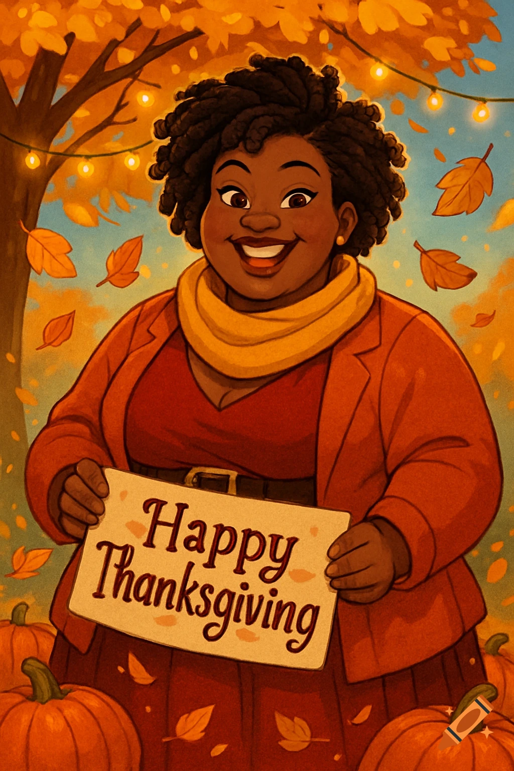 Smiling cartoon African American woman with natural hair holds a 'Happy Thanksgiving' sign amidst autumn leaves, pumpkins, and string lights.