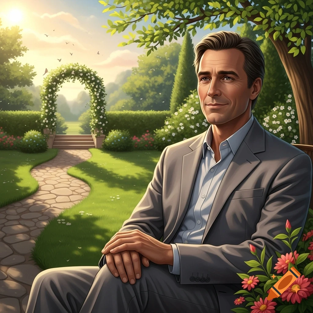 A distinguished man in a grey suit sits on a bench in a lush, sunlit garden with a stone path.