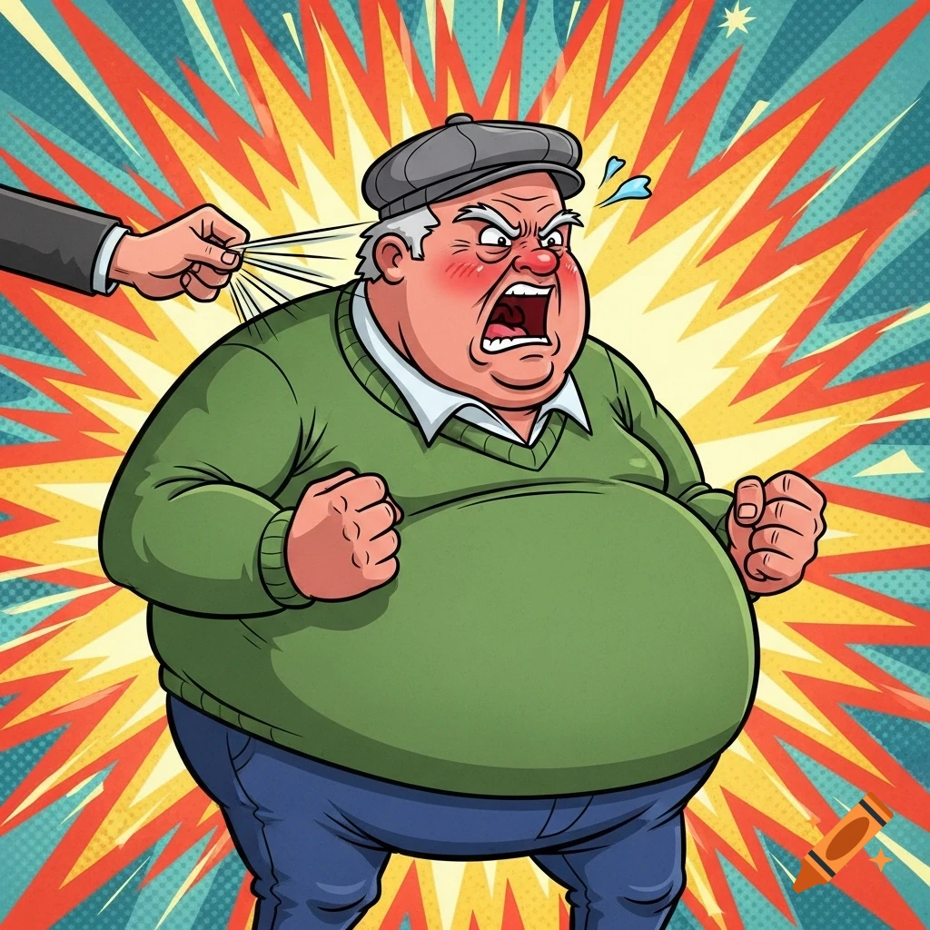 A cartoon of an angry, overweight man in a green sweater and gray cap, getting his cap pulled by an unseen hand against a comic-style explosive background.