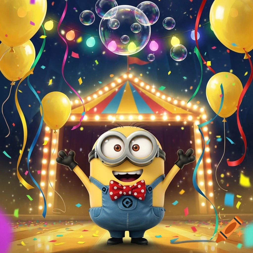 A happy Minion in overalls and bow tie stands with arms open in a vibrant circus scene with balloons, confetti, and bubbles.